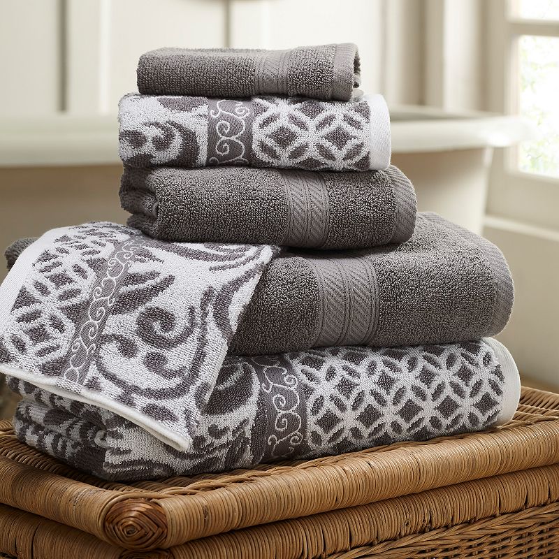 Pacific Coast Textiles Trefoil Filigree 6-Piece Cotton Bath Towel Set  Platinum