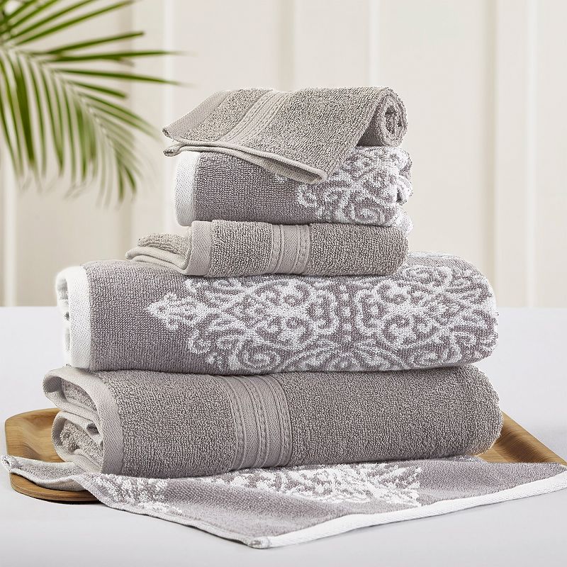 Allure 6-piece Artesia Damask Reversible Jacquard Bath Towel Set, Grey, 6 P