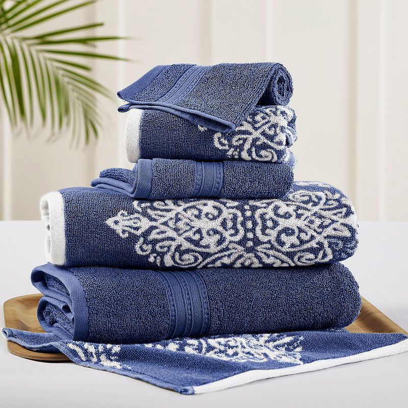 Allure 6-piece Artesia Damask Reversible Jacquard Bath Towel Set, Blue, 6 P
