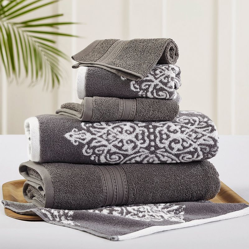 Allure 6-piece Artesia Damask Reversible Jacquard Bath Towel Set, Dark Grey