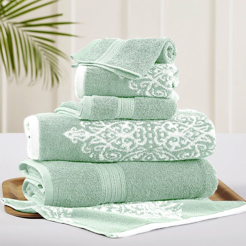 Allure 6-piece Artesia Damask Reversible Jacquard Bath Towel Set, Med Green
