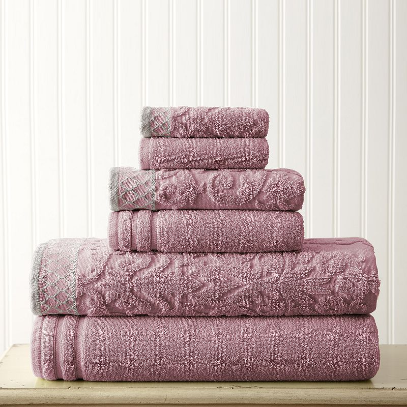 Damask Jacquard 6-piece Bath Towel Set, Purple, 6 Pc Set