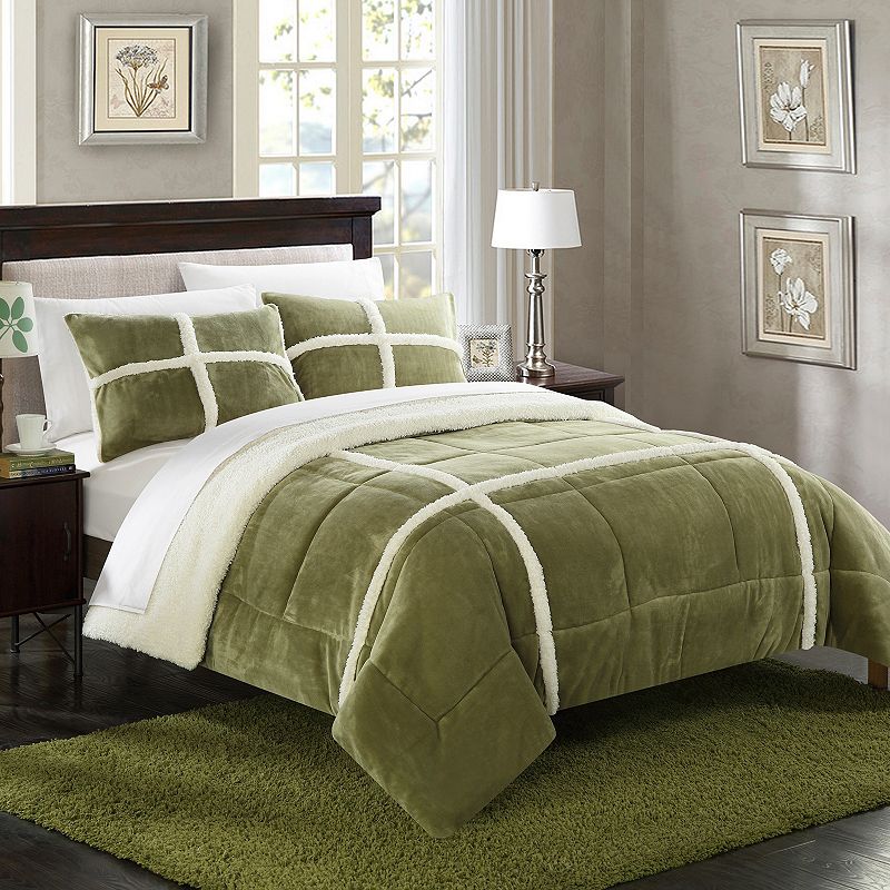 Chloe Sherpa Fleece Comforter Set, Green, King