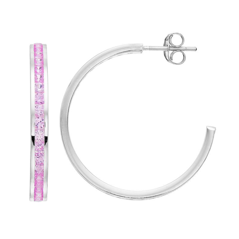 Traditions Jewelry Company Sterling Silver Channel-Set Pink Tourmaline Birthstone Hoop Earrings, Women's