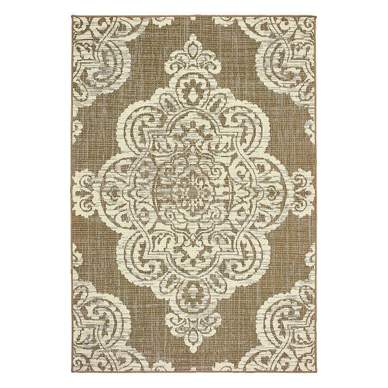StyleHaven Mainland Medallion Lace Indoor Outdoor Rug, Lt Brown, 8Ft Rnd