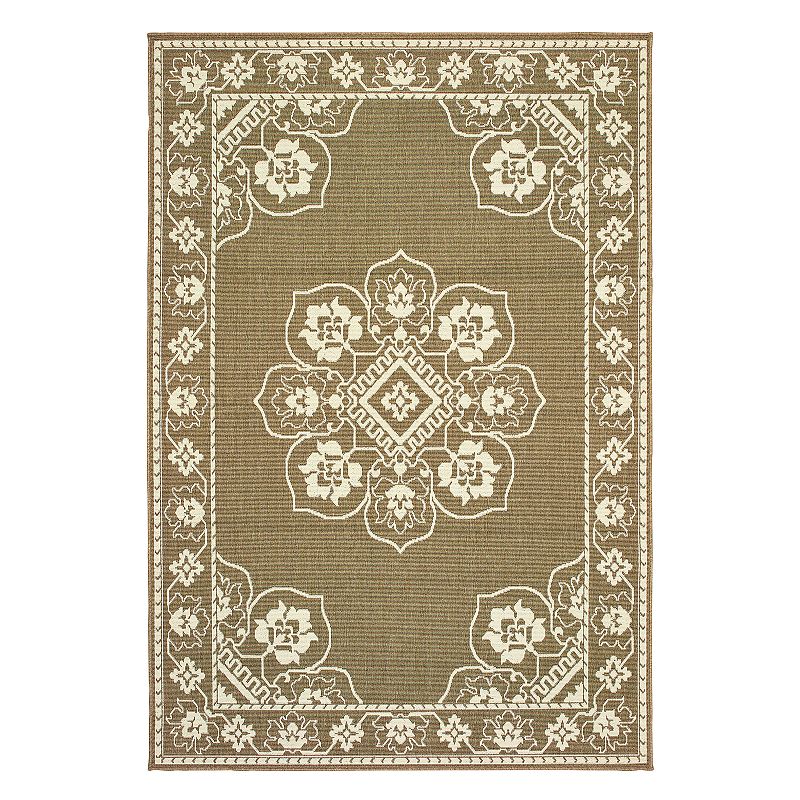 StyleHaven Mainland Traditional Framed Medallion Indoor Outdoor Rug, Lt Brown, 6.5X9.5 Ft