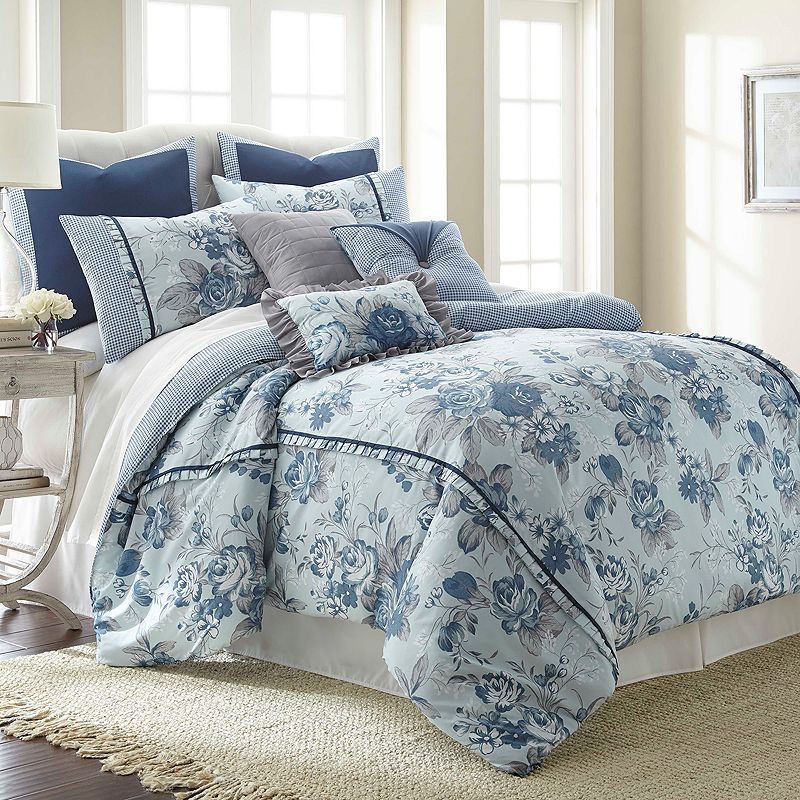 Pacific Coast Textiles Floral Farmhouse 8-piece Comforter Set, Med Blue, Ki