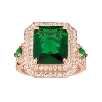 Designs by Gioelli 14k Rose Gold Over Silver Simulated Emerald & Lab-Created White Sapphire Halo Ring