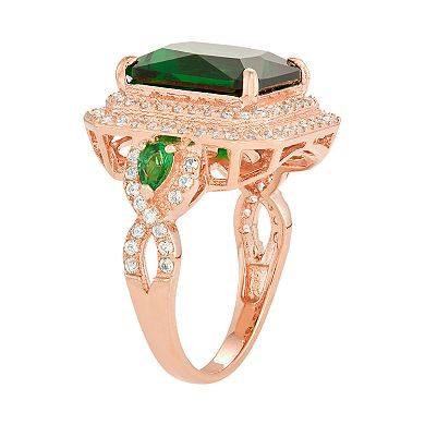 Designs by Gioelli 14k Rose Gold Over Silver Simulated Emerald & Lab-Created White Sapphire Halo Ring