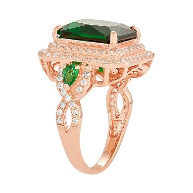 14k Rose Gold Over Silver Simulated Emerald & Lab-Created White Sapphire Halo Ring