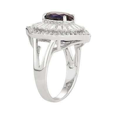 Sterling Silver Lab-Created Blue & White Sapphire Baguette Halo Ring