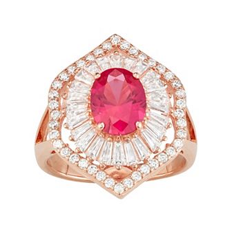 Designs by Gioelli 14k Rose Gold Over Silver Lab-Created Ruby & White Sapphire Baguette Halo Ring