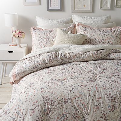 NWT LC Lauren Conrad KING Lilac Floral Ruched Duvet Cover Set - selling 3 Piece.