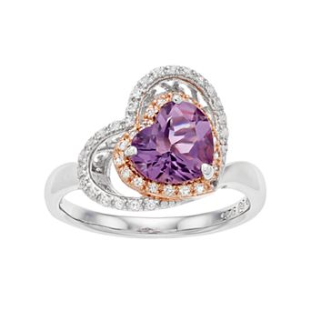 Two Tone Sterling Silver Amethyst & White Topaz Heart Halo Ring