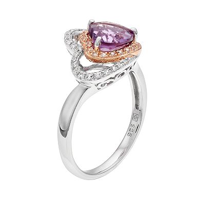 Two Tone Sterling Silver Amethyst & White Topaz Heart Halo Ring