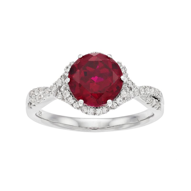 Sterling Silver Lab-Created Ruby & White Sapphire Halo Ring, Womens, Size: