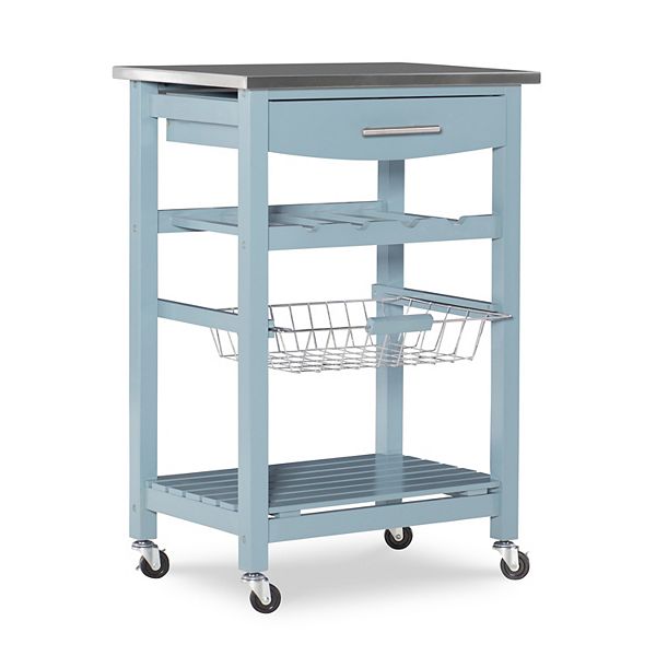 Clarke Blue Wood Kitchen Cart Stainless Steel Top Basket & Drawer Wine Storage Rack - Linon