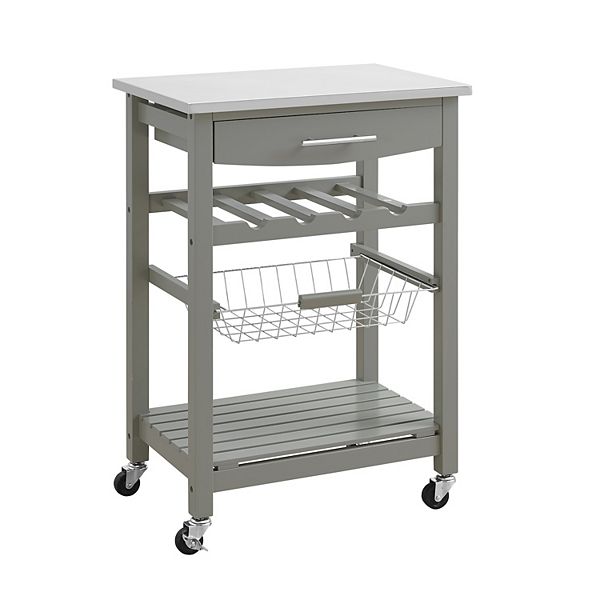 Clarke Gray Wood Kitchen Cart Stainless Steel Top Basket & Drawer Wine Storage Rack - Linon