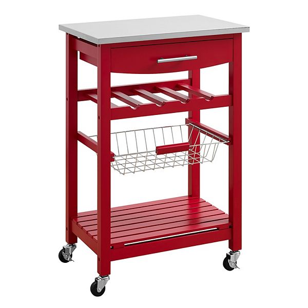 Clarke Red Wood Kitchen Cart: Stainless Steel Top, Locking Wheels, Space Saver - Linon