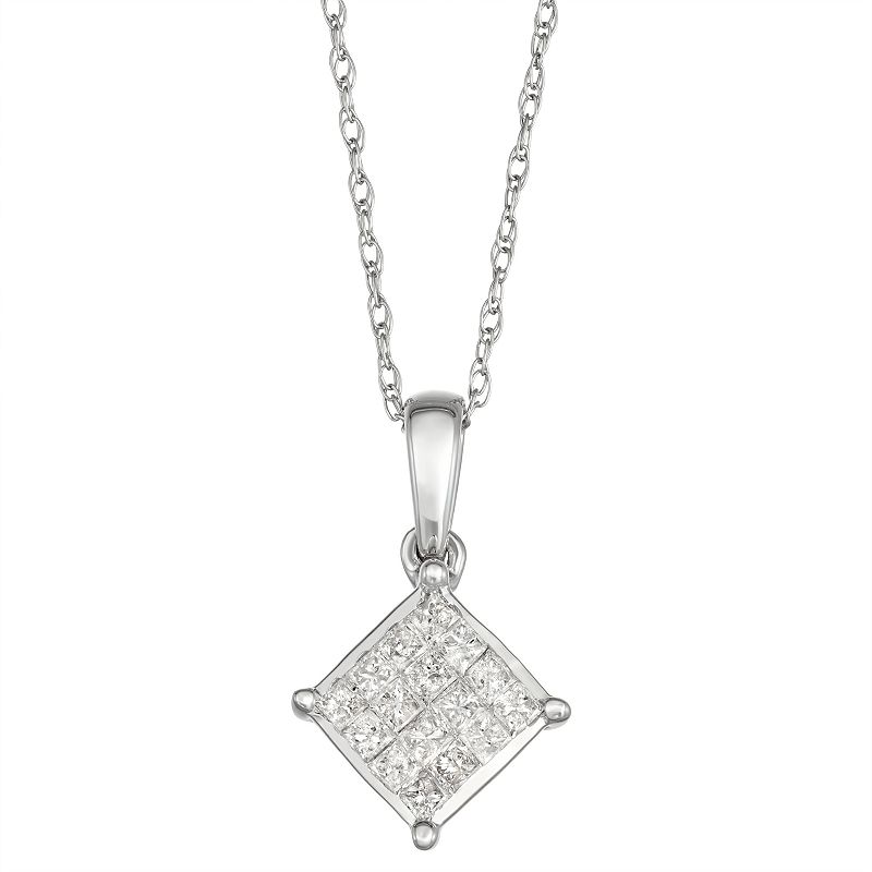 10k White Gold 1/5 Carat T.W. Diamond Square Pendant Necklace, Womens, Si