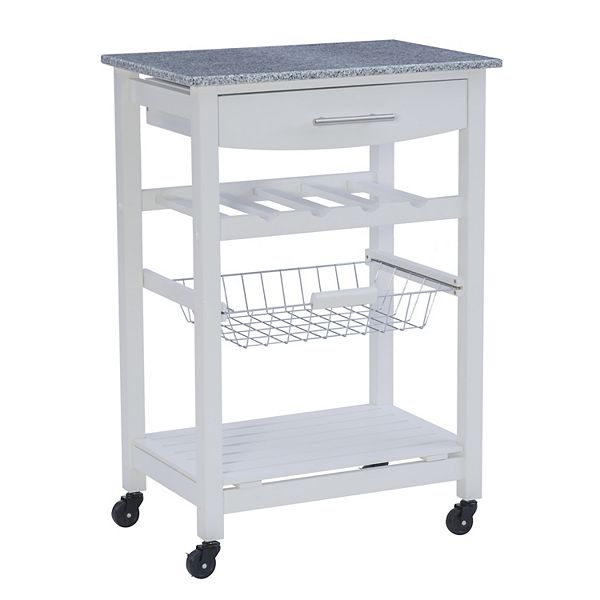 Roger White Wood Movable Kitchen Cart Granite Top Drawer Basket Wine Bottle Rack s - Linon