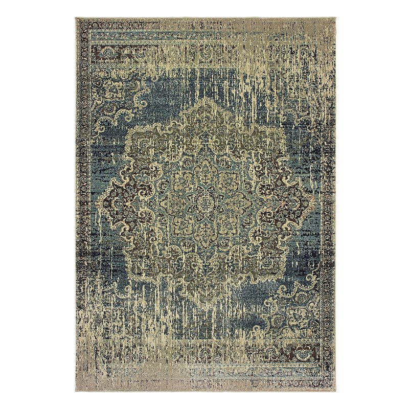 StyleHaven Revere Faded Framed Floral Medallion Rug, Blue, 2X7.5 Ft