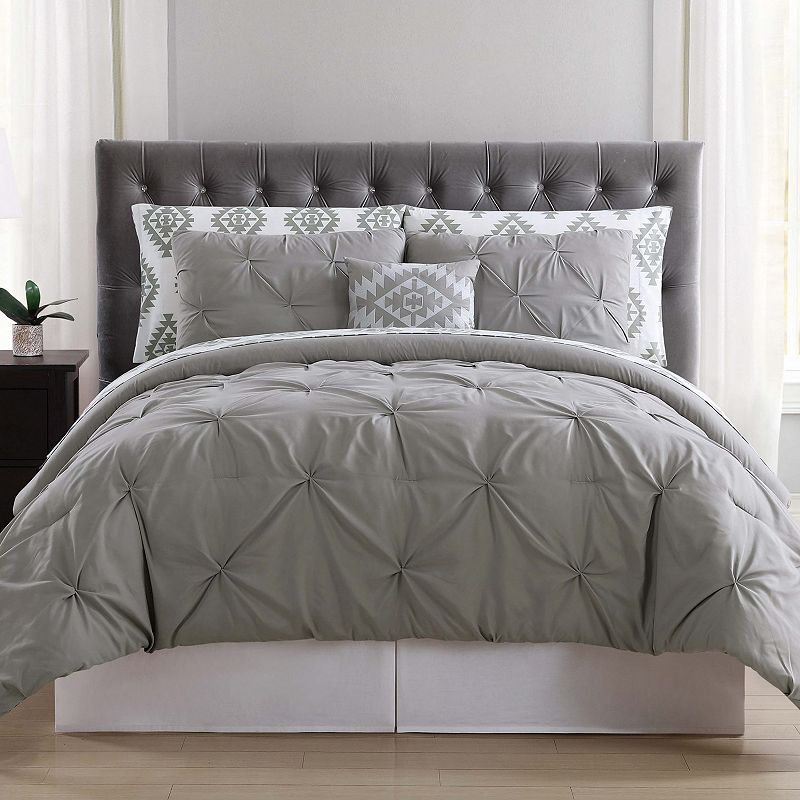 Truly Soft Pueblo Pleated Comforter Bedding Set, Med Grey, Full