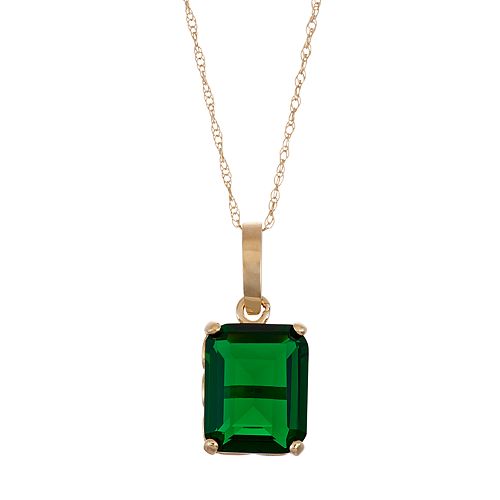 10k Gold Simulated Emerald Rectangle Pendant Necklace