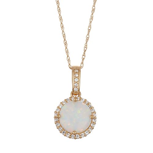 10k Gold LabCreated Opal & White Sapphire Halo Pendant Necklace