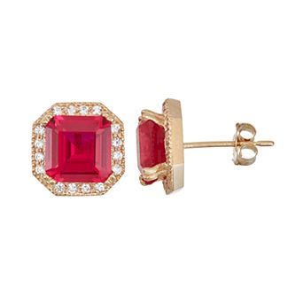 Tiara 10k Gold Lab-Created Ruby & White Sapphire Octagon Stud Earrings