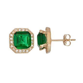 Tiara 10k Gold Simulated Emerald & Lab-Created White Sapphire Octagon Stud Earrings