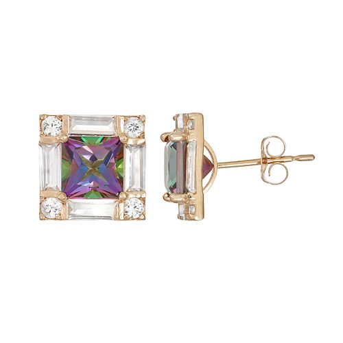 10k Gold Mystic Topaz And Lab Created White Sapphire Square Stud Earrings