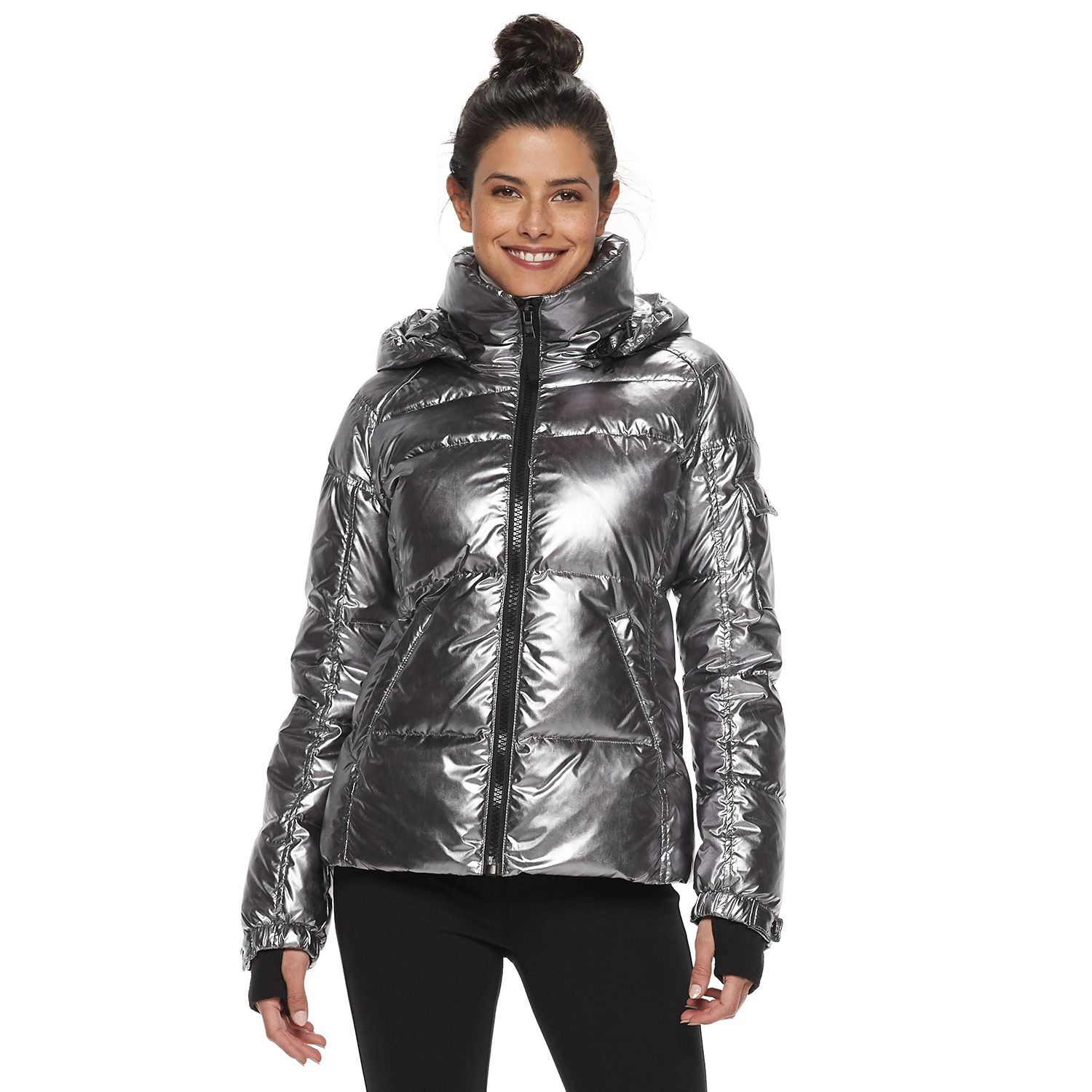 metallic puffer jacket with fur hood