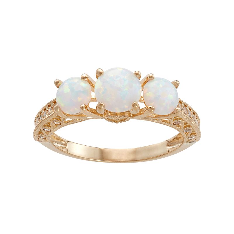 10k Gold Lab-Created Opal & White Sapphire 3-Stone Ring, Womens, Size: 7