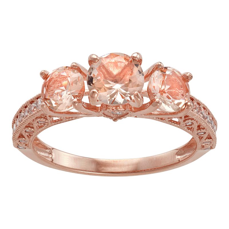 10k Rose Gold Simulated Morganite & Lab-Created White Sapphire 3-Stone Ring