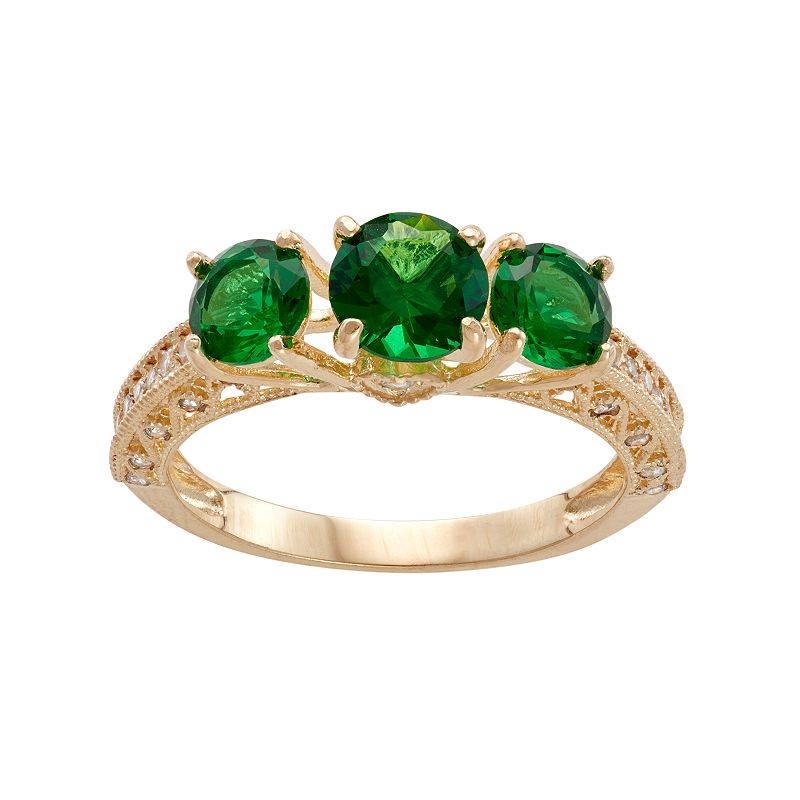 10k Gold Simulated Emerald & Lab-Created White Sapphire 3-Stone Ring, Women