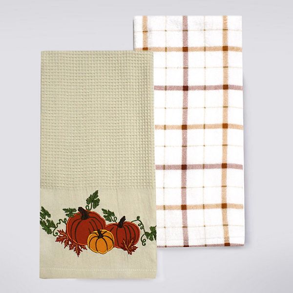 Pumpkins on Vine 2 Kitchen Towels Set Cream Waffle Weave Cotton