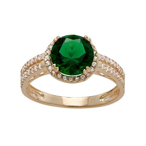 10k Gold Simulated Emerald & Lab-Created White Sapphire Halo Ring