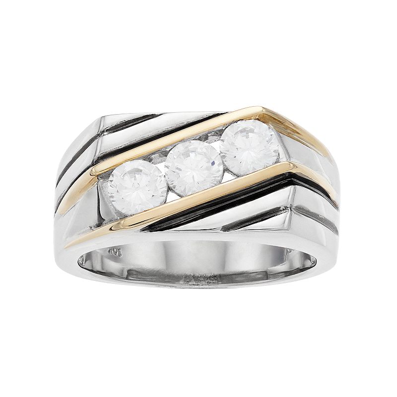 Mens Two Tone Sterling Silver Cubic Zirconia 3-Stone Ring, Size: 9, White