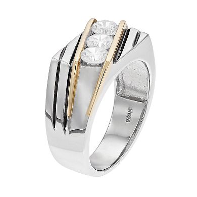 Men's Two Tone Sterling Silver Cubic Zirconia 3-Stone Ring