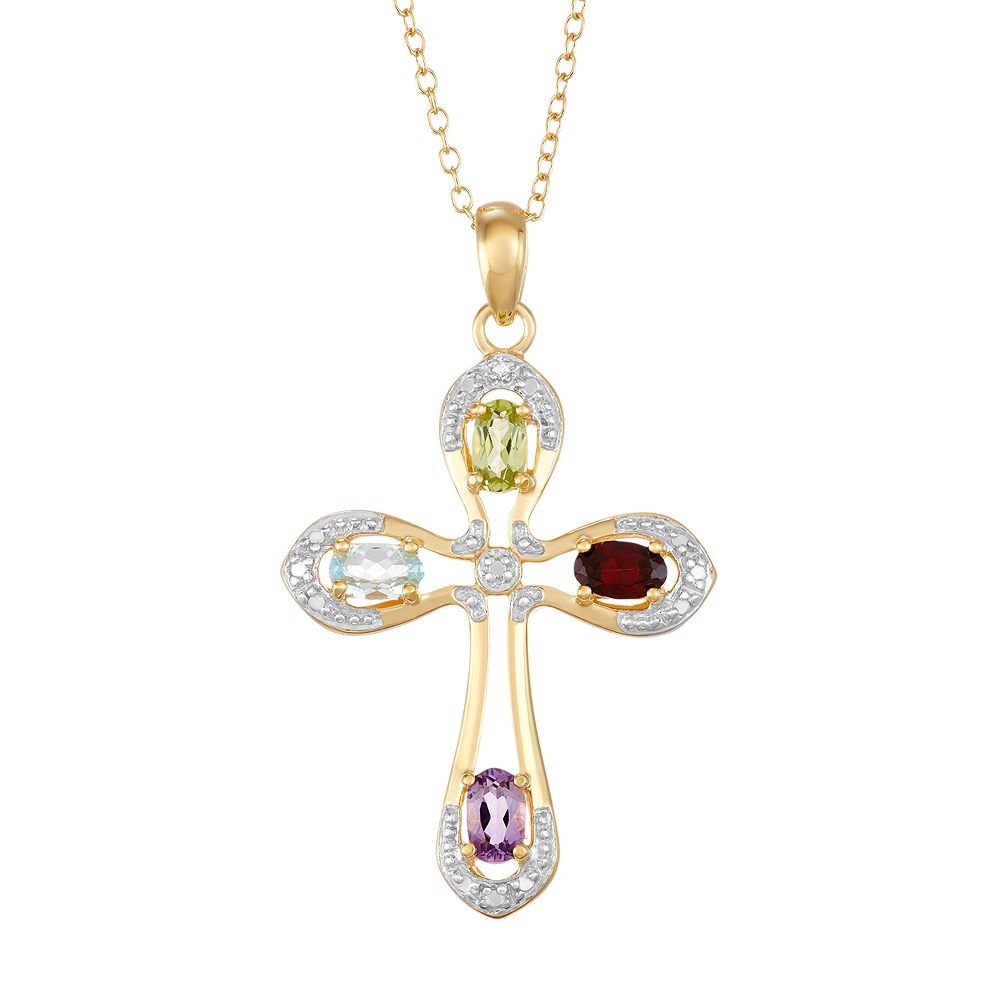 14k Gold Over Silver Gemstone Cross Pendant Necklace