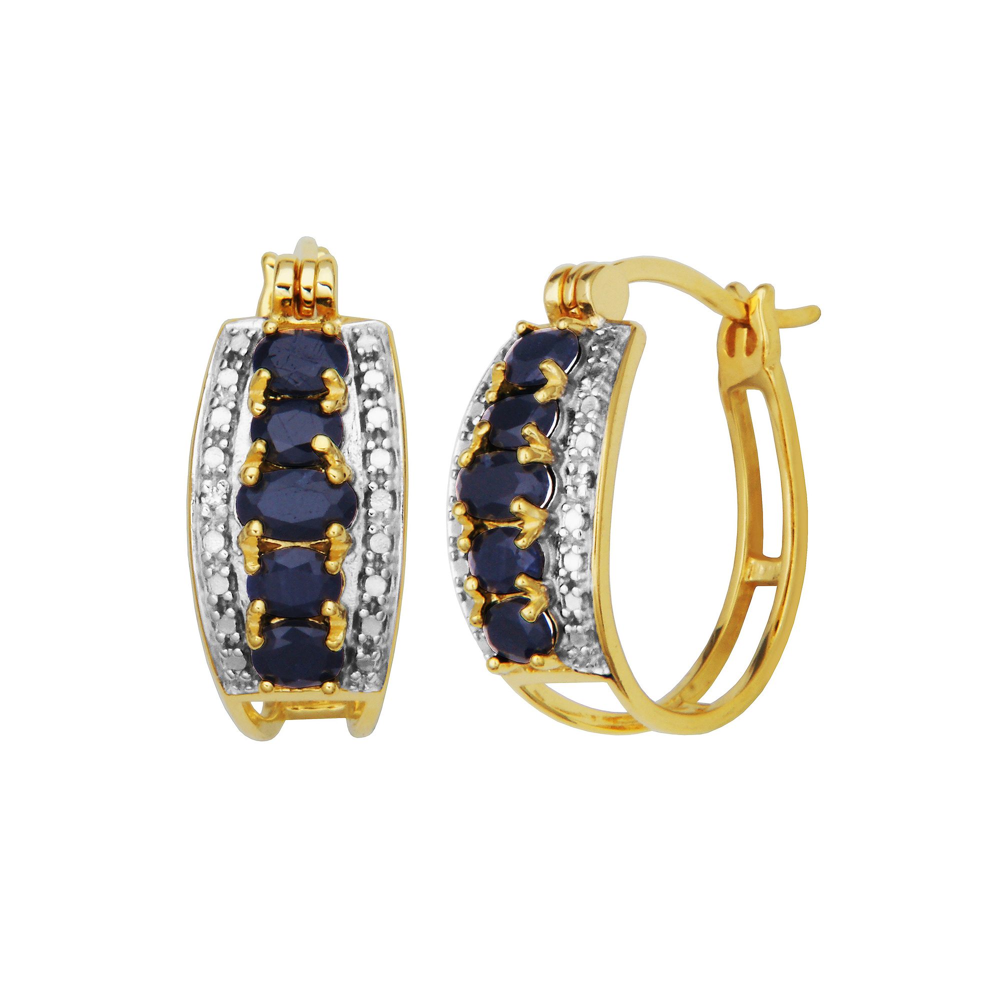 14k Gold Over Silver Black Sapphire & Diamond Accent Hoop Earrings, Womens