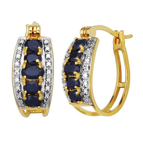 14k Gold Over Silver Black Sapphire & Diamond Accent Hoop Earrings