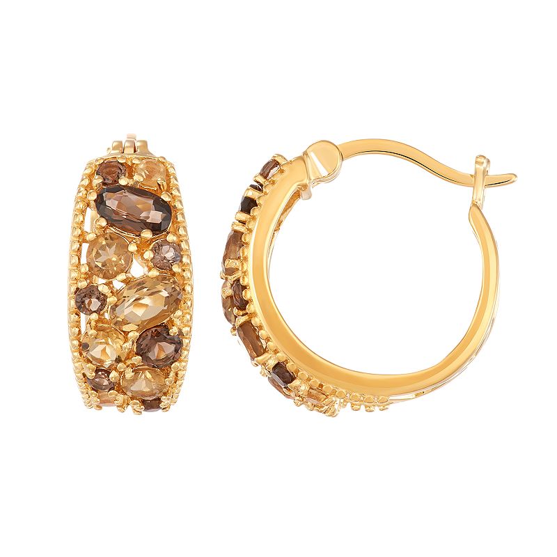 14k Gold Over Silver Cognac & Smoky Quartz Cluster Hoop Earrings, Womens, 