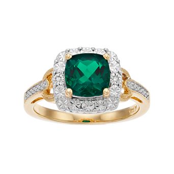 LeRose by Lexi and Rose Lab-Created Emerald & Diamond Accent 14k Gold-Plated Silver Square Halo Ring
