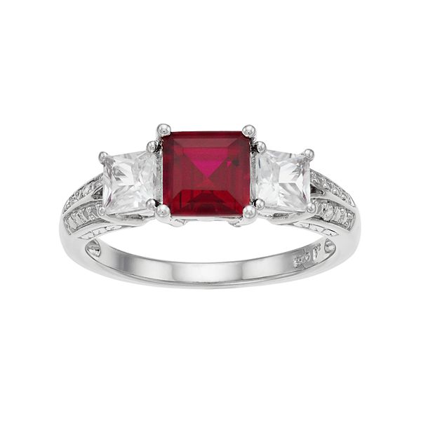 Fashion Ring 925 Silver Created White Sapphire Synthetic Ruby Size 7 Ct 0.5-ST 