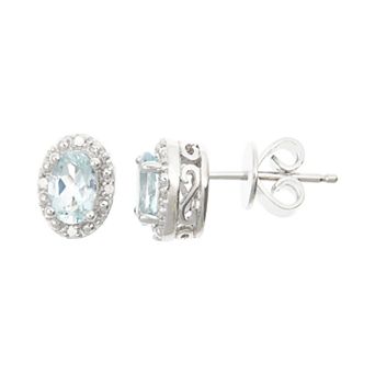 Celebration Gems Sterling Silver Aquamarine & Diamond Accent Oval Halo Stud Earrings