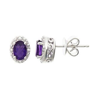 Celebration Gems Sterling Silver Amethyst & Diamond Accent Oval Halo Stud Earrings