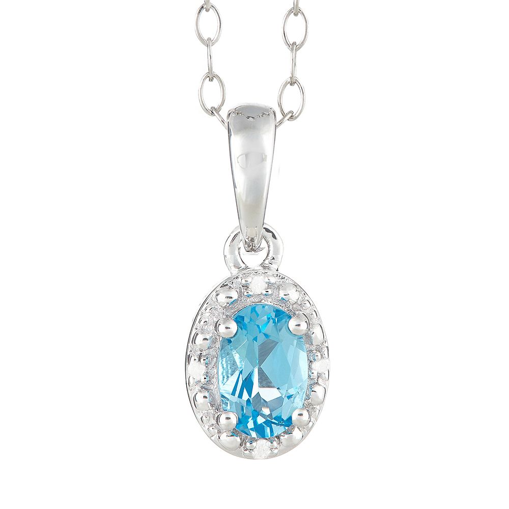 Genuine Oval Swiss Blue Topaz and Lab Diamond Silver Halo Bold Pendant Necklace