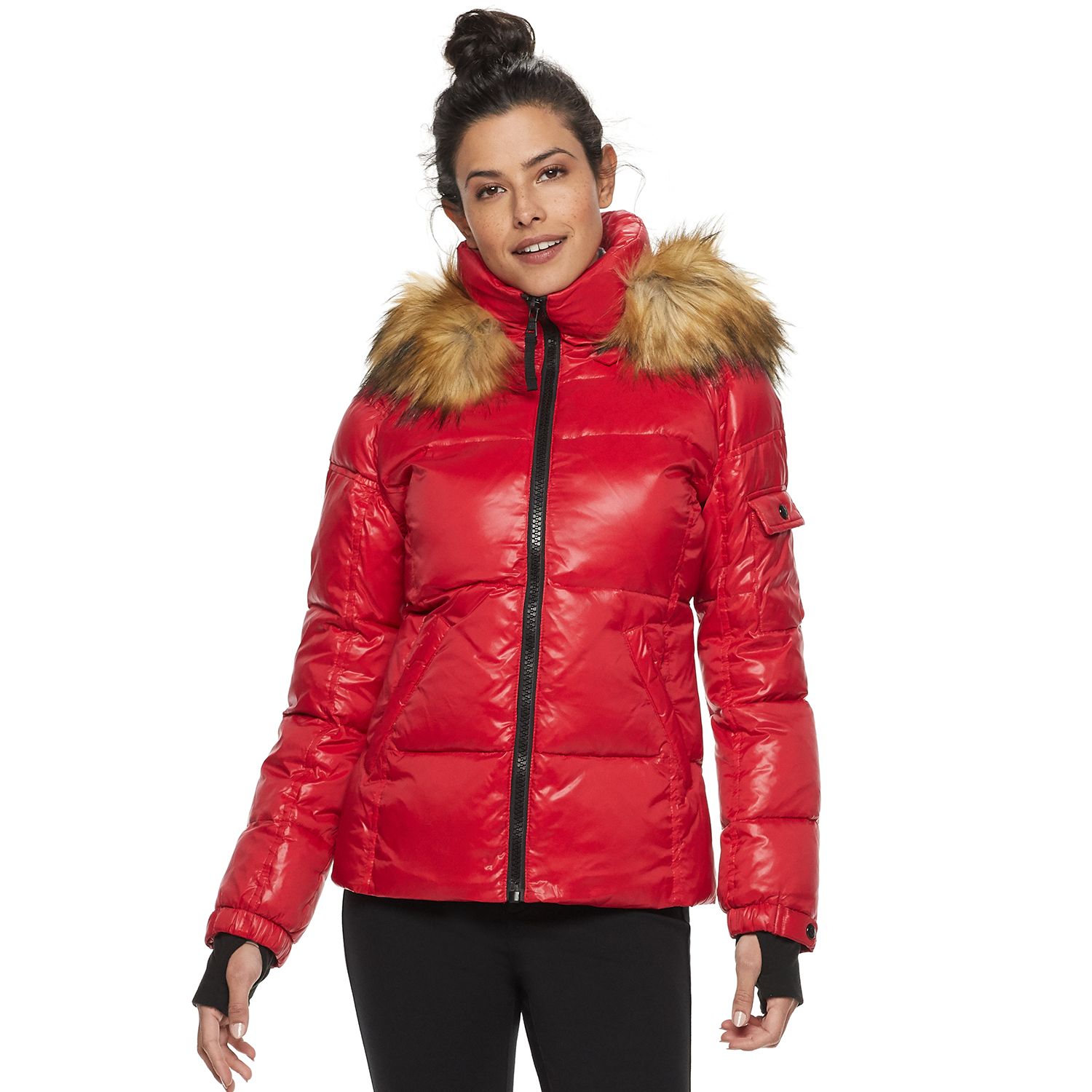 red down jacket with fur hood